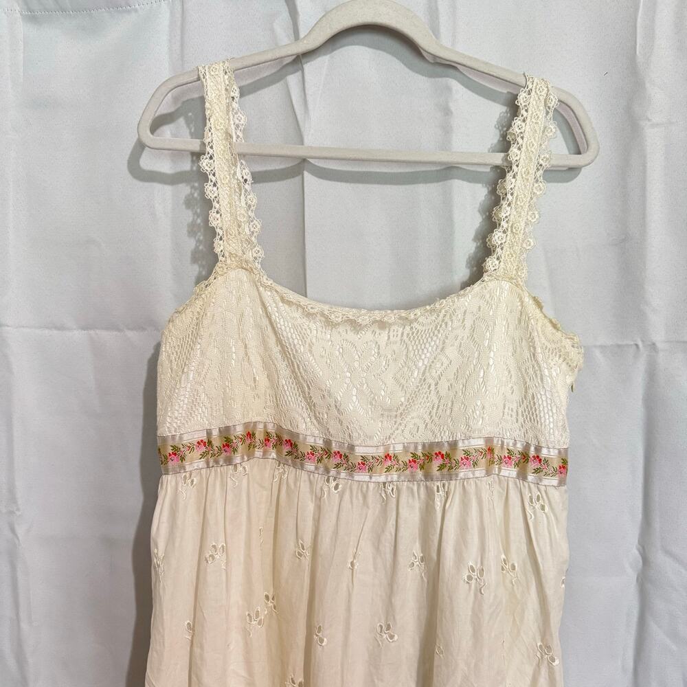 Cottagecore Cream Eyelet Dress with Lace and Ribbon Trim Sz 16 ECI New York